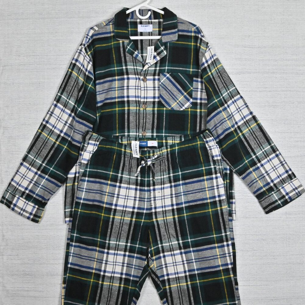 NWT Old Navy Flannel Plaid 100% Cotton Button Up Drawstring Green Pajamas XL